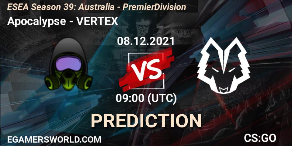 Prognose für das Spiel Apocalypse VS VERTEX. 08.12.2021 at 09:00. Counter-Strike (CS2) - ESEA Season 39: Australia - Premier Division