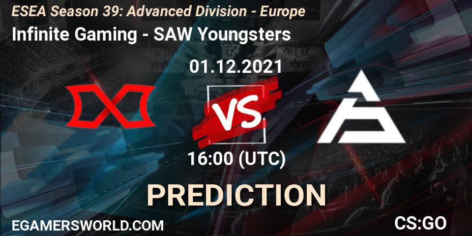 Prognose für das Spiel Infinite Gaming VS SAW Youngsters. 01.12.2021 at 16:00. Counter-Strike (CS2) - ESEA Season 39: Advanced Division - Europe