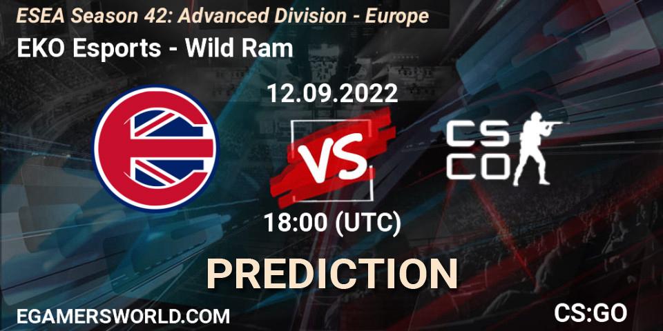 Prognose für das Spiel EKO Esports VS Wild Ram. 12.09.2022 at 18:00. Counter-Strike (CS2) - ESEA Season 42: Advanced Division - Europe