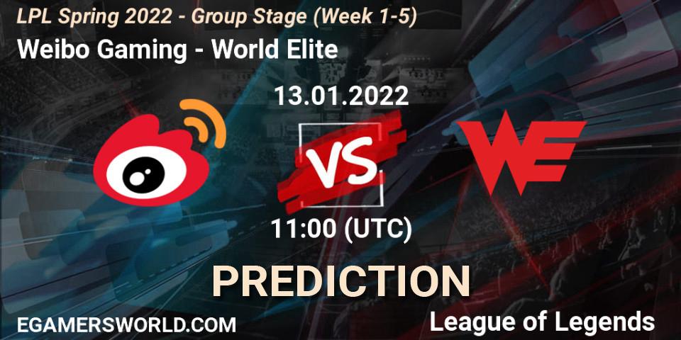 Prognose für das Spiel Weibo Gaming VS World Elite. 13.01.22. LoL - LPL Spring 2022 - Group Stage (Week 1-5)