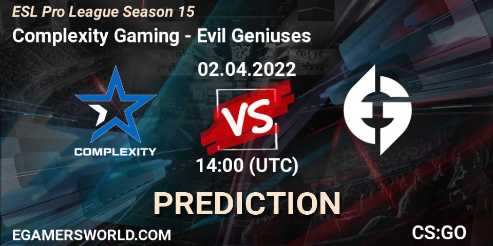 Prognose für das Spiel Complexity Gaming VS Evil Geniuses. 02.04.2022 at 14:00. Counter-Strike (CS2) - ESL Pro League Season 15