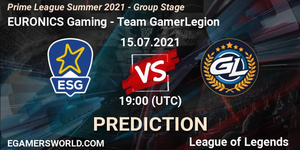 Prognose für das Spiel EURONICS Gaming VS Team GamerLegion. 15.07.21. LoL - Prime League Summer 2021 - Group Stage