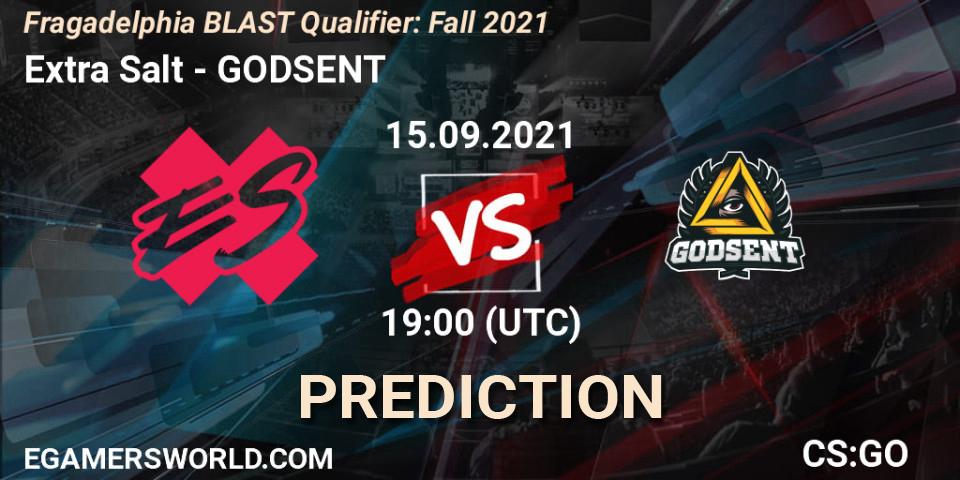 Prognose für das Spiel Extra Salt VS GODSENT. 15.09.2021 at 20:10. Counter-Strike (CS2) - Fragadelphia BLAST Qualifier: Fall 2021