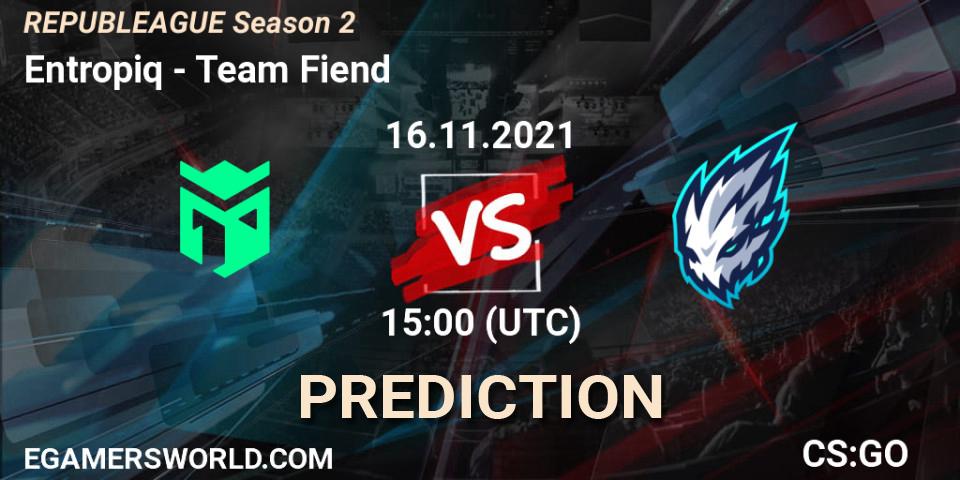 Prognose für das Spiel Entropiq VS Team Fiend. 16.11.2021 at 20:05. Counter-Strike (CS2) - REPUBLEAGUE Season 2