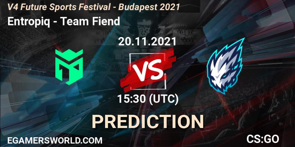 Prognose für das Spiel Entropiq VS Team Fiend. 20.11.2021 at 15:30. Counter-Strike (CS2) - V4 Future Sports Festival - Budapest 2021