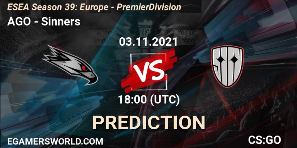 Prognose für das Spiel AGO VS Sinners. 03.11.2021 at 18:00. Counter-Strike (CS2) - ESEA Season 39: Europe - Premier Division