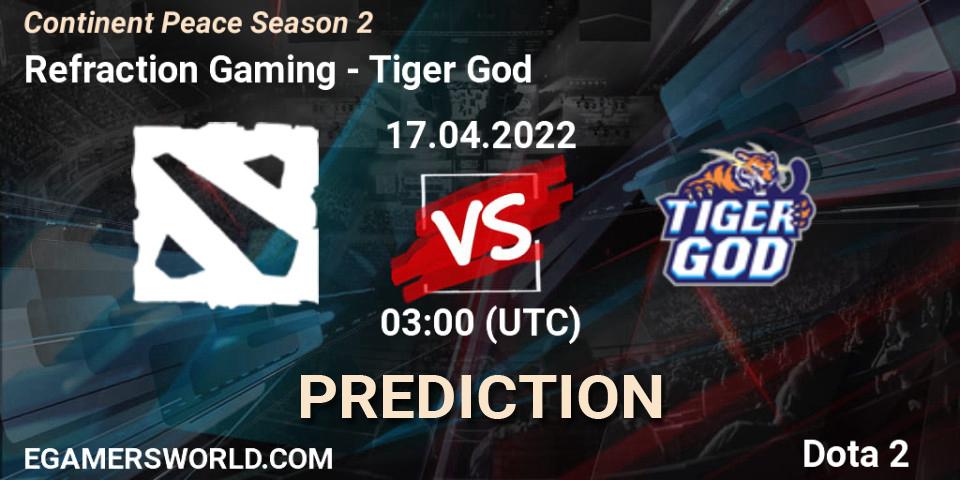 Prognose für das Spiel Refraction Gaming VS Tiger God. 17.04.2022 at 03:04. Dota 2 - Continent Peace Season 2 