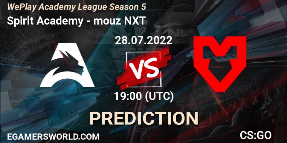 Prognose für das Spiel Spirit Academy VS mouz NXT. 27.07.2022 at 14:00. Counter-Strike (CS2) - WePlay Academy League Season 5