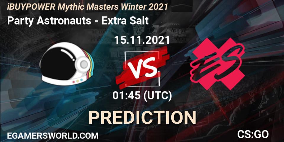 Prognose für das Spiel Party Astronauts VS Extra Salt. 15.11.2021 at 01:45. Counter-Strike (CS2) - iBUYPOWER Mythic Masters Winter 2021