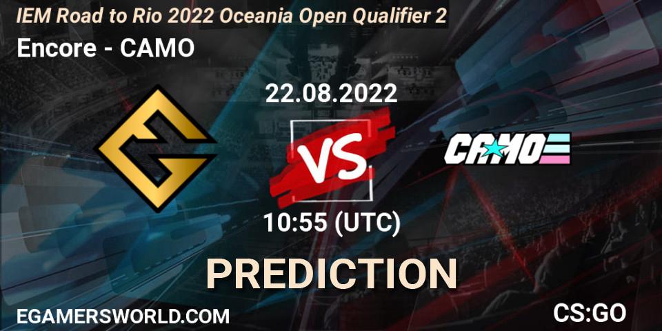 Prognose für das Spiel Encore VS CAMO. 22.08.2022 at 10:55. Counter-Strike (CS2) - IEM Road to Rio 2022 Oceania Open Qualifier 2