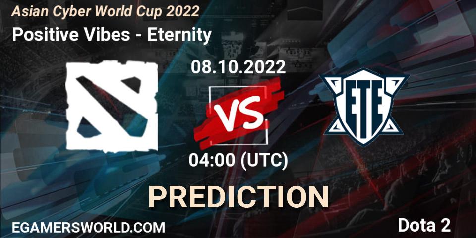 Prognose für das Spiel Positive Vibes VS Eternity. 13.10.2022 at 04:00. Dota 2 - Asian Cyber World Cup 2022