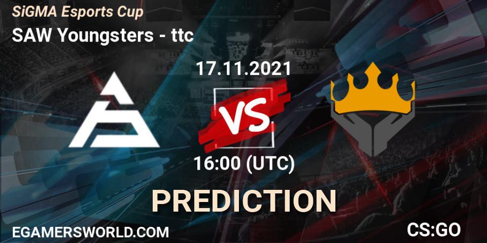 Prognose für das Spiel SAW Youngsters VS ttc. 17.11.2021 at 16:00. Counter-Strike (CS2) - SiGMA Esports Cup