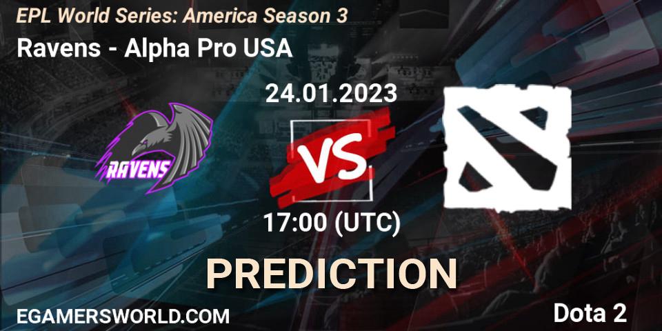 Prognose für das Spiel Ravens VS ALPHA. 24.01.2023 at 17:05. Dota 2 - EPL World Series: America Season 3