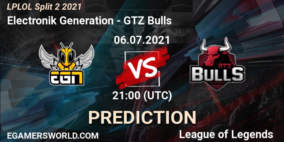 Prognose für das Spiel Electronik Generation VS GTZ Bulls. 06.07.2021 at 21:00. LoL - LPLOL Split 2 2021