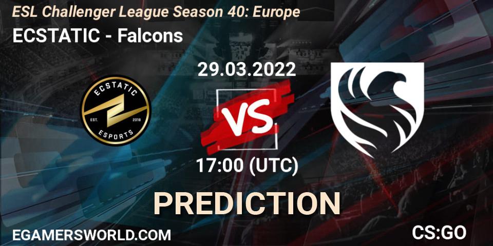 Prognose für das Spiel ECSTATIC VS Falcons. 29.03.2022 at 17:00. Counter-Strike (CS2) - ESL Challenger League Season 40: Europe