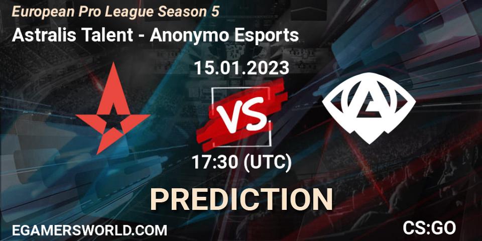 Prognose für das Spiel Astralis Talent VS Anonymo Esports. 15.01.2023 at 18:40. Counter-Strike (CS2) - European Pro League Season 5