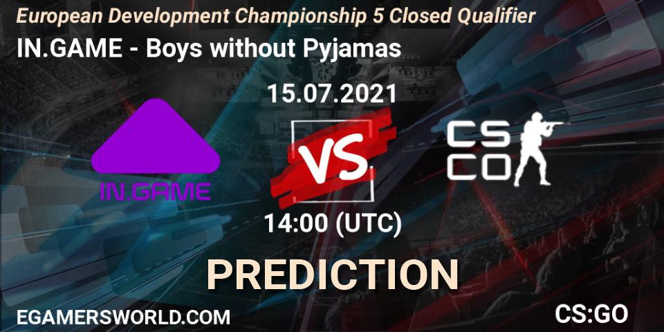 Prognose für das Spiel IN.GAME VS Boys without Pyjamas. 15.07.2021 at 14:00. Counter-Strike (CS2) - European Development Championship 5 Closed Qualifier