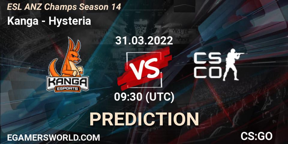 Prognose für das Spiel Kanga VS Hysteria. 31.03.2022 at 09:30. Counter-Strike (CS2) - ESL ANZ Champs Season 14