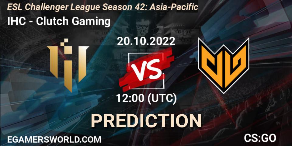 Prognose für das Spiel IHC VS Clutch Gaming. 20.10.2022 at 12:00. Counter-Strike (CS2) - ESL Challenger League Season 42: Asia-Pacific