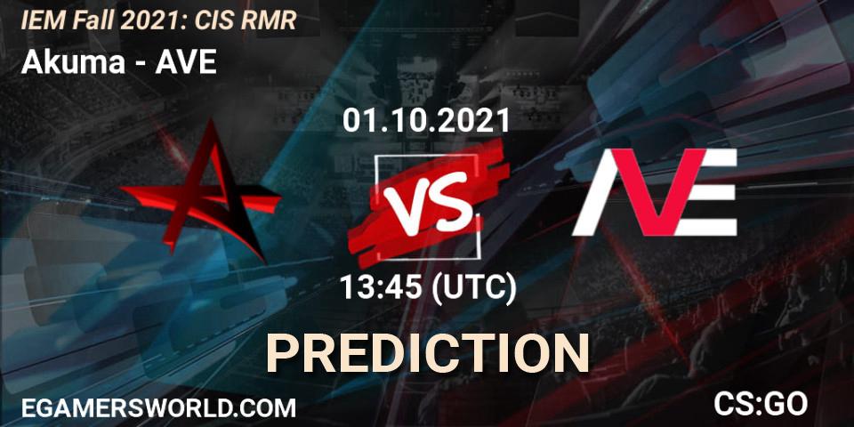 Prognose für das Spiel Akuma VS AVE. 01.10.2021 at 13:45. Counter-Strike (CS2) - IEM Fall 2021: CIS RMR