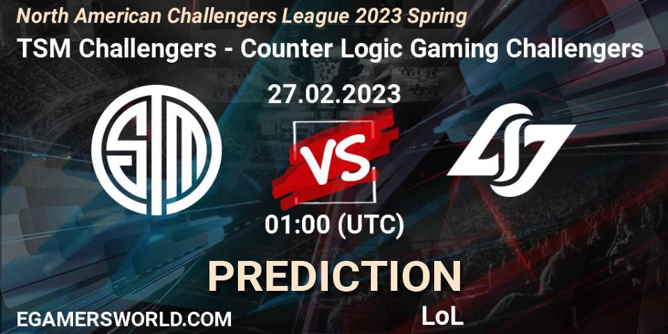 Prognose für das Spiel TSM Challengers VS Counter Logic Gaming Challengers. 27.02.23. LoL - NACL 2023 Spring - Group Stage