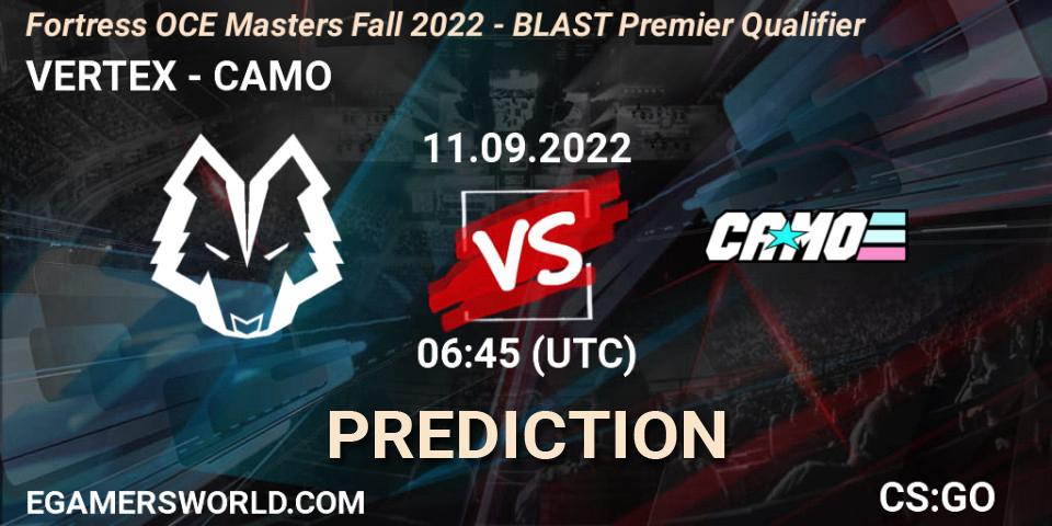 Prognose für das Spiel VERTEX VS CAMO. 11.09.2022 at 07:20. Counter-Strike (CS2) - Fortress OCE Masters Fall 2022 - BLAST Premier Qualifier