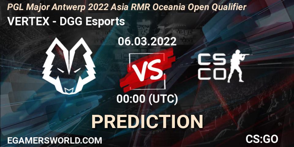 Prognose für das Spiel VERTEX VS DGG Esports. 06.03.2022 at 00:05. Counter-Strike (CS2) - PGL Major Antwerp 2022 Asia RMR Oceania Open Qualifier