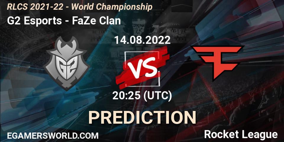 Prognose für das Spiel G2 Esports VS FaZe Clan. 14.08.2022 at 21:00. Rocket League - RLCS 2021-22 - World Championship