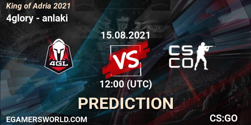 Prognose für das Spiel 4glory VS anlaki. 15.08.2021 at 12:00. Counter-Strike (CS2) - King of Adria 2021