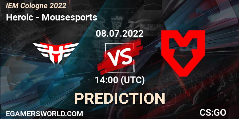 Prognose für das Spiel Heroic VS Mousesports. 08.07.2022 at 14:00. Counter-Strike (CS2) - IEM Cologne 2022