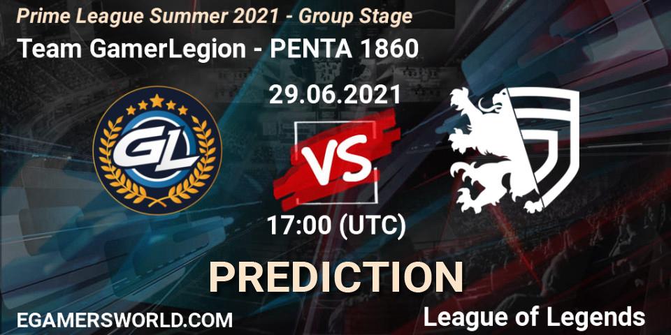 Prognose für das Spiel Team GamerLegion VS PENTA 1860. 29.06.2021 at 16:00. LoL - Prime League Summer 2021 - Group Stage