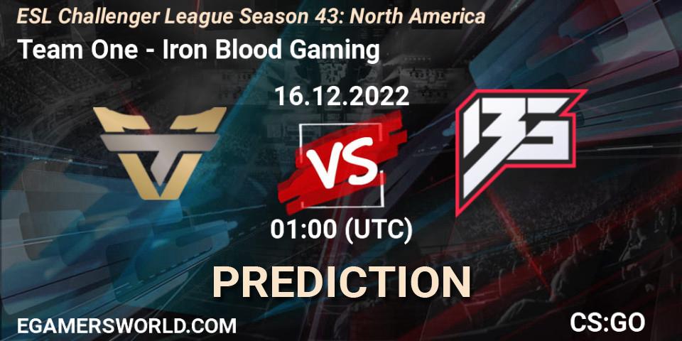 Prognose für das Spiel Team One VS Iron Blood Gaming. 16.12.2022 at 01:00. Counter-Strike (CS2) - ESL Challenger League Season 43: North America