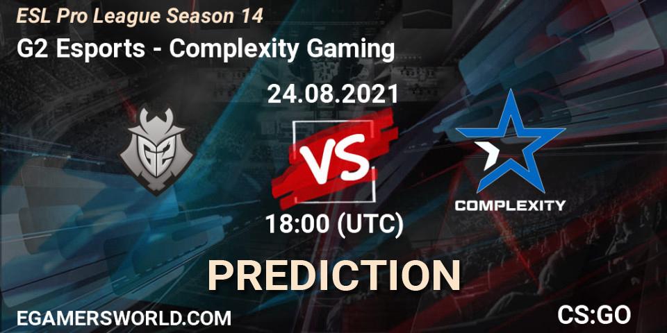 Prognose für das Spiel G2 Esports VS Complexity Gaming. 24.08.2021 at 18:50. Counter-Strike (CS2) - ESL Pro League Season 14