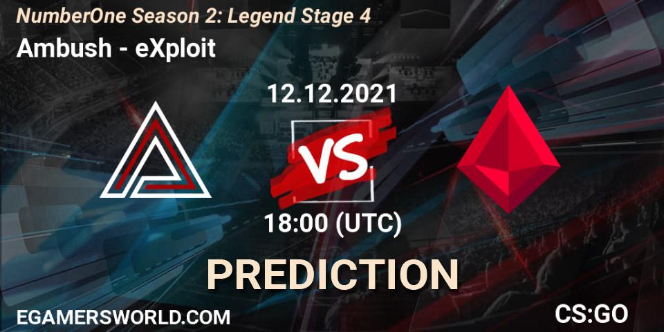 Prognose für das Spiel Ambush VS eXploit. 12.12.21. CS2 (CS:GO) - NumberOne Season 2: Legend Stage 4