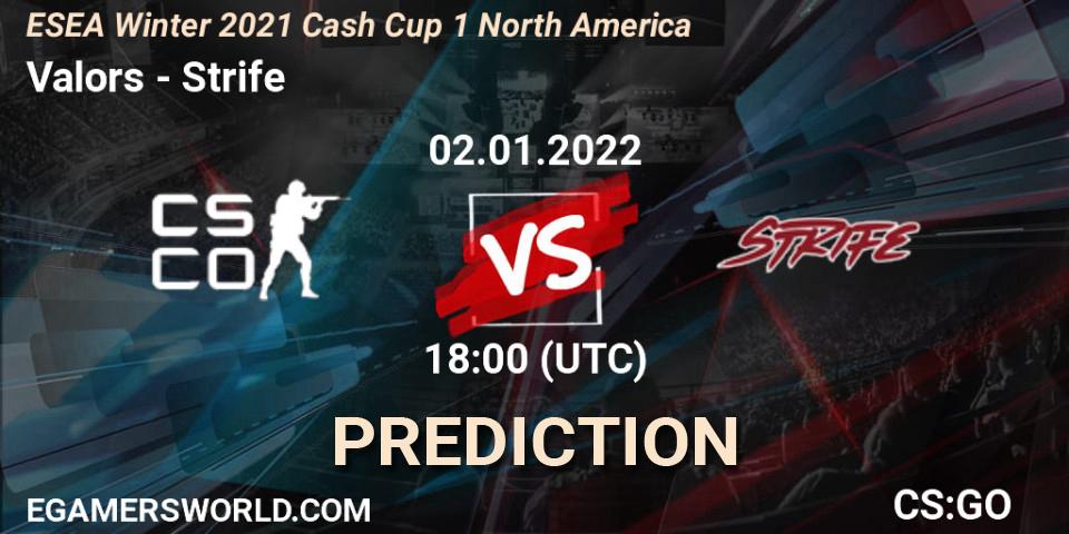 Prognose für das Spiel Valors VS Strife. 02.01.2022 at 18:00. Counter-Strike (CS2) - ESEA Cash Cup: North America - Winter 2022 #1