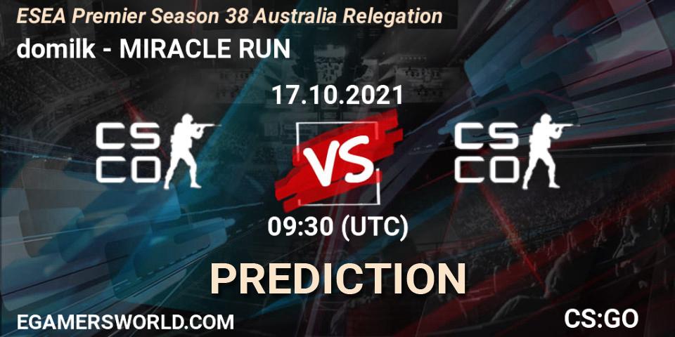 Prognose für das Spiel domilk VS MIRACLE RUN. 17.10.2021 at 09:30. Counter-Strike (CS2) - ESEA Premier Season 38 Australia Relegation