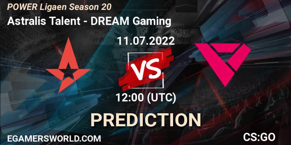 Prognose für das Spiel Astralis Talent VS DREAM Gaming. 11.07.2022 at 11:15. Counter-Strike (CS2) - Dust2.dk Ligaen Season 20