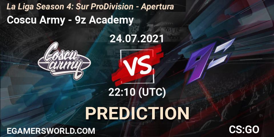 Prognose für das Spiel Coscu Army VS 9z Academy. 28.07.2021 at 22:00. Counter-Strike (CS2) - La Liga Season 4: Sur Pro Division - Apertura