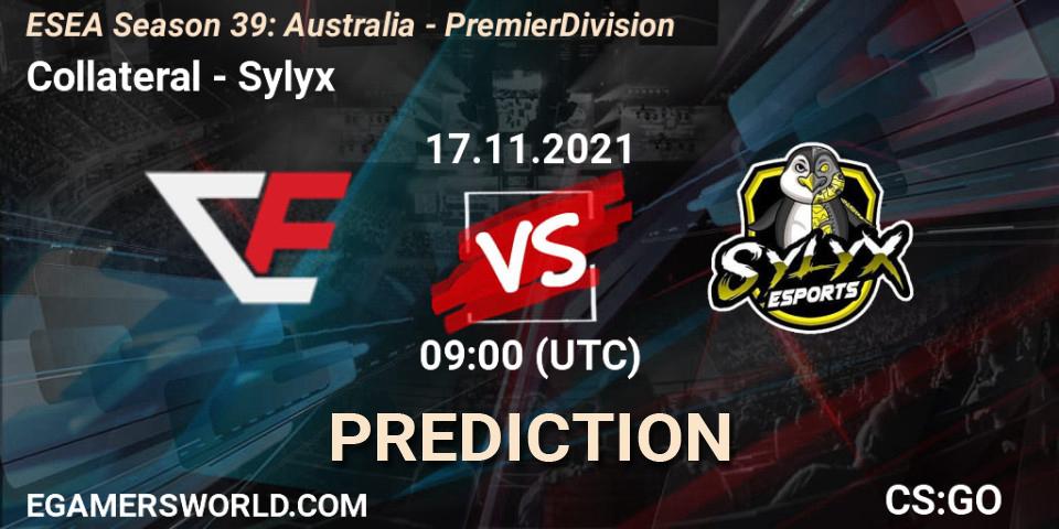 Prognose für das Spiel Collateral VS Sylyx. 17.11.2021 at 09:05. Counter-Strike (CS2) - ESEA Season 39: Australia - Premier Division