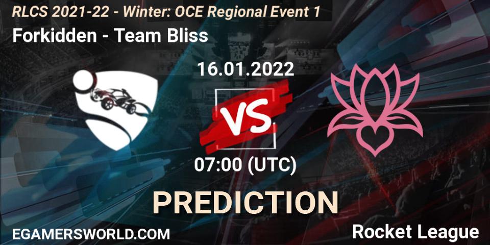 Prognose für das Spiel Forkidden VS Team Bliss. 16.01.2022 at 07:00. Rocket League - RLCS 2021-22 - Winter: OCE Regional Event 1