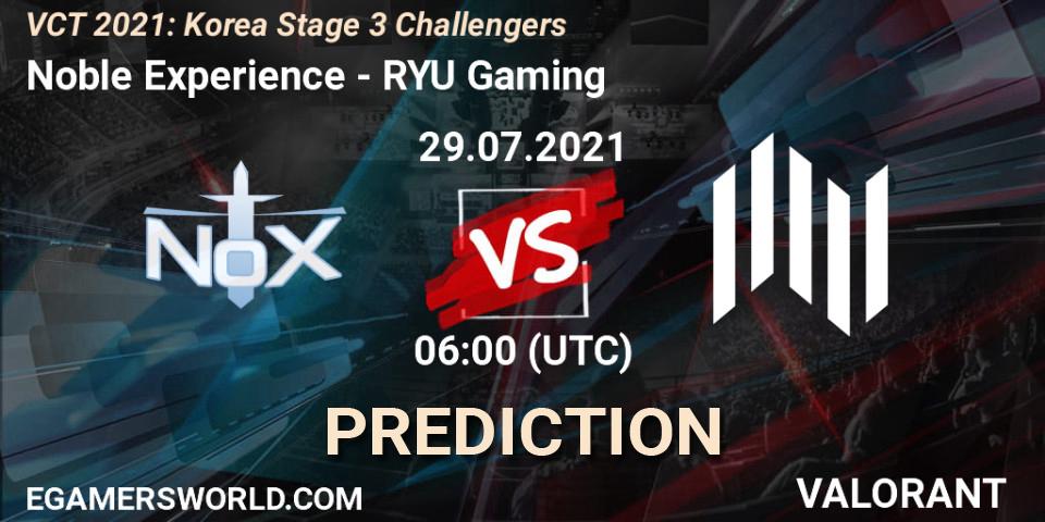 Prognose für das Spiel Noble Experience VS RYU Gaming. 29.07.2021 at 06:00. VALORANT - VCT 2021: Korea Stage 3 Challengers