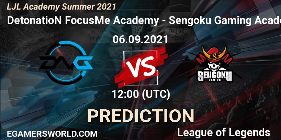 Prognose für das Spiel DetonatioN FocusMe Academy VS Sengoku Gaming Academy. 06.09.2021 at 12:00. LoL - LJL Academy Summer 2021