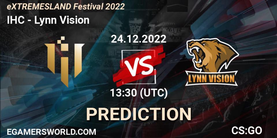 Prognose für das Spiel IHC VS Lynn Vision. 24.12.2022 at 12:05. Counter-Strike (CS2) - eXTREMESLAND Festival 2022