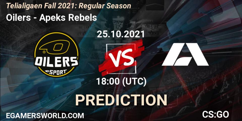 Prognose für das Spiel Oilers VS Apeks Rebels. 25.10.2021 at 18:00. Counter-Strike (CS2) - Telialigaen Fall 2021: Regular Season