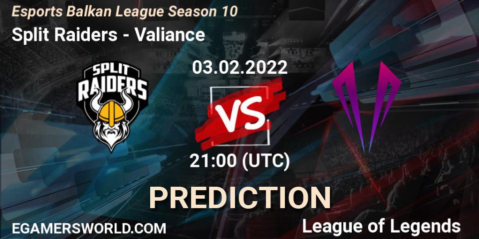 Prognose für das Spiel Split Raiders VS Valiance. 03.02.2022 at 21:00. LoL - Esports Balkan League Season 10