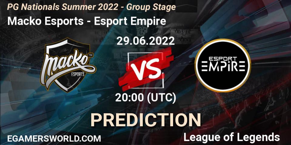 Prognose für das Spiel Macko Esports VS Esport Empire. 29.06.2022 at 20:00. LoL - PG Nationals Summer 2022 - Group Stage