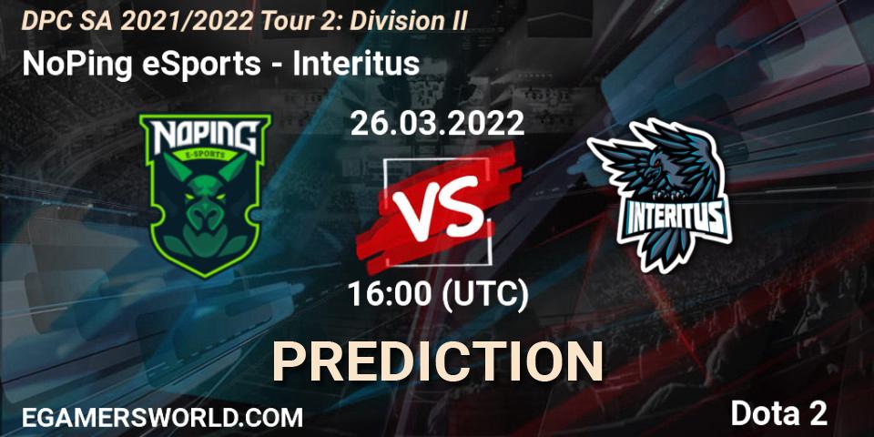 Prognose für das Spiel NoPing eSports VS Interitus. 26.03.2022 at 16:05. Dota 2 - DPC 2021/2022 Tour 2: SA Division II (Lower)