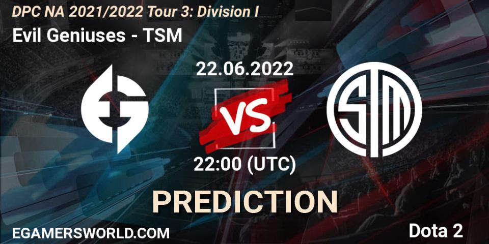 Prognose für das Spiel Evil Geniuses VS TSM. 22.06.2022 at 21:55. Dota 2 - DPC NA 2021/2022 Tour 3: Division I