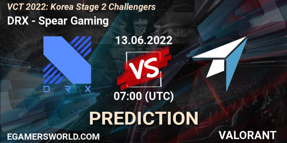 Prognose für das Spiel DRX VS Spear Gaming. 13.06.2022 at 07:00. VALORANT - VCT 2022: Korea Stage 2 Challengers
