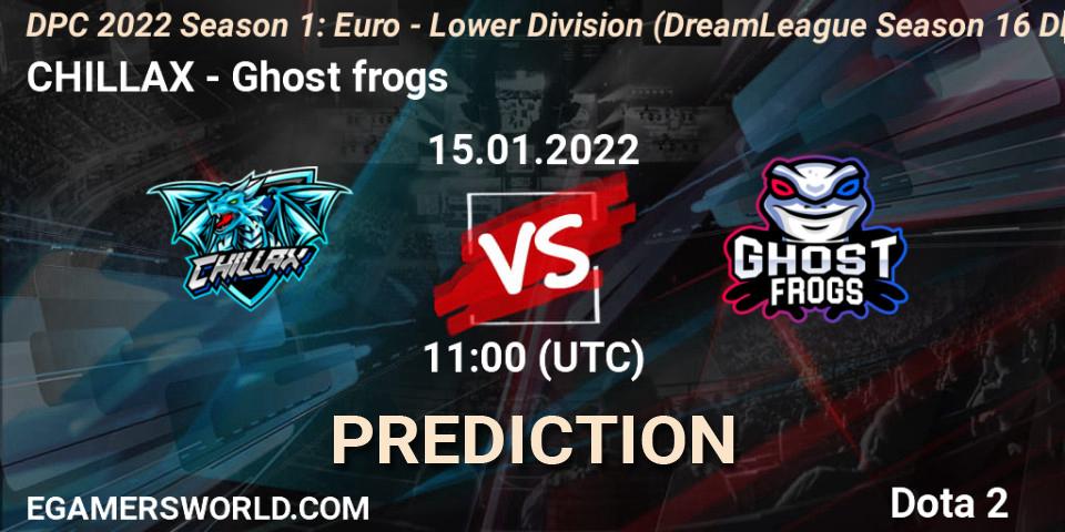 Prognose für das Spiel CHILLAX VS Ghost frogs. 15.01.2022 at 10:55. Dota 2 - DPC 2022 Season 1: Euro - Lower Division (DreamLeague Season 16 DPC WEU)